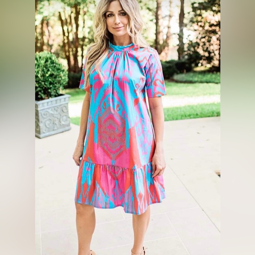 Sheridan French pink blue Ikat Dress M